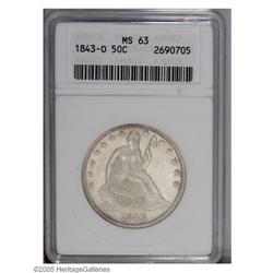 1843-O 50C MS63 ANACS. A well struck Seated Half with 1843-O[50C] MS63 ANACS.
