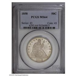 1858 50C MS64 PCGS. An attractive, nearly white piece 1858[50C] MS64 PCGS.