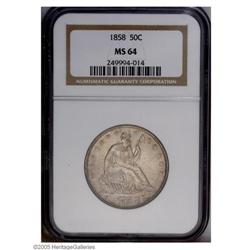 1858 50C MS64 NGC. Rose toning adorns the obverse of t 1858[50C] MS64 NGC.