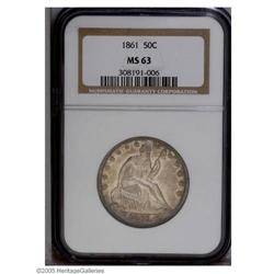 1861 50C MS63 NGC. This is a relatively plentiful date 1861[50C] MS63 NGC.