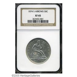 1874-S 50C Arrows XF45 NGC. Grayish surfaces display t 1874-S[50C] Arrows XF45 NGC.