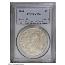 1800 S$1 VF30 PCGS. B-16, BB-187, R.2. A prominent die 1800[S$1] VF30 PCGS.