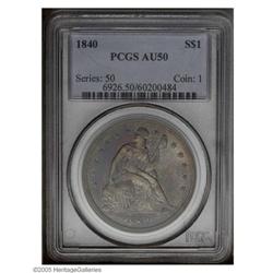 1840 S$1 AU50 PCGS. Deeply toned in ocean-blue, plum, 1840[S$1] AU50 PCGS.