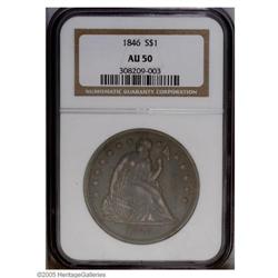 1846 S$1 AU50 NGC. A deep coating of charcoal-brown to 1846[S$1] AU50 NGC.