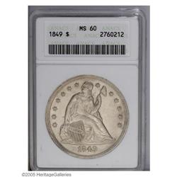 1849 S$1 MS60 ANACS. A basic Mint State example with s 1849[S$1] MS60 ANACS.