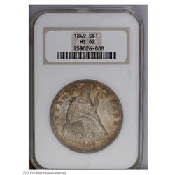 1849 S$1 MS62 NGC. Lower mintage and higher grade for 1849[S$1] MS62 NGC.
