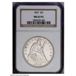 1857 S$1 MS63 PL NGC. Fully prooflike surfaces on both 1857[S$1] MS63 Prooflike NGC.