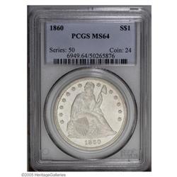 1860 S$1 MS64 PCGS. An extraordinary 1860 Dollar. The 1860[S$1] MS64 PCGS.