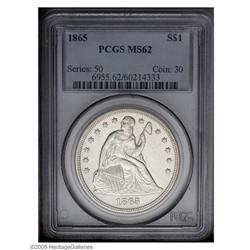 1865 S$1 MS62 PCGS. The 1865 Seated Dollar is a low mi 1865[S$1] MS62 PCGS.