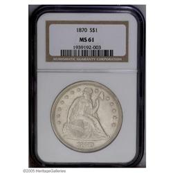 1870 S$1 MS61 NGC. Well struck with a smooth, satiny a 1870[S$1] MS61 NGC.