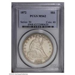 1872 S$1 MS62 PCGS. Silver-gray surfaces display wisps 1872[S$1] MS62 PCGS.