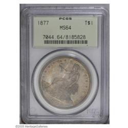 1877 T$1 MS64 PCGS. Beautiful honey-gold, sea-green, a 1877[T$1] MS64 PCGS.
