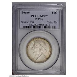 1937-S 50C Boone MS67 PCGS. Iridescent crimson, gold, 1937-S[50C] Boone MS67 PCGS.