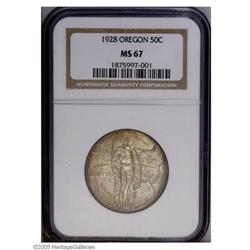 1928 50C Oregon MS67 NGC. Autumn-russet toning adorns 1928[50C] Oregon MS67 NGC.