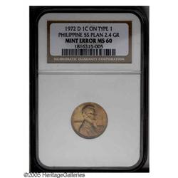 1972-D Cent--Struck on Type 1 Philippine 5S Planchet--M 1972-D Lincoln Cent--Struck on Type One Phil