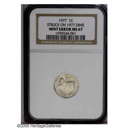 1977 1C Lincoln Cent--Struck on a 1977 Dime--MS67 NGC. 1977[1C] Lincoln Cent--Struck on a 1977 Dime-