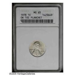 1978 1C MS65 Brown ANACS. 1978[1C] Lincoln Cent--Struck on a Dime Planchet--MS65 ANACS.