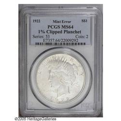 1922 S$1 Peace Dollar--1% Clipped Planchet--MS64 PCGS. 1922[S$1] Peace Dollar--1% Clipped Planchet--