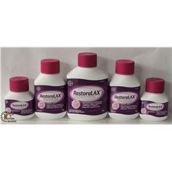 5 ASSORTED SIZE BOTTLES OF RESTORALAX