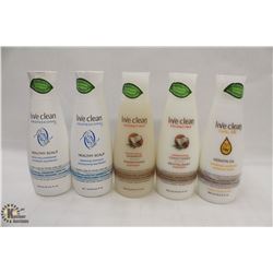 5 BOTTLES OF ASSORTED LIVE CLEAN SHAMPOOS &