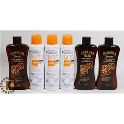 LOT OF ASSORTED SUNSCREEN SPRAY AND TANNING OIL.