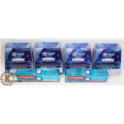 LOT OF CREST WHITESTRIPS AND COLGATE TOOTHPASTE.