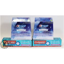 LOT OF CREST WHITESTRIPS AND COLGATE TOOTHPASTE.