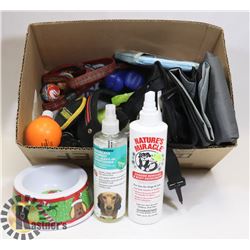 BOX W/LOTS OF SMALL DOG SUPPLIES INCL.