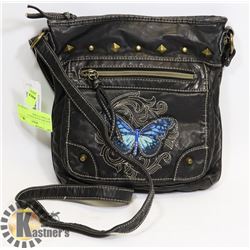 NEW HBC BLACK W/BLUE BUTTERFLY PURSE