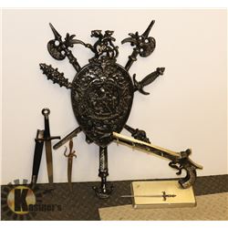 METAL WALL SHIELD, DAGGER WITH SHEATH AND MORE.