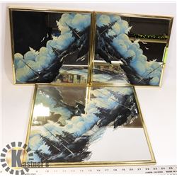 SET OF 3 HAND PAINTED MIRRORS SIGNED BY ARTIST.