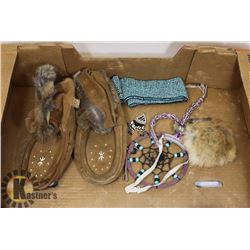 LOT OF NATIVE ITEMS INCL MOCCASINS, BEADWORK, AND