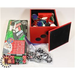 BOX FULL OF POKER CHIPS AND PACKS OF CARDS & POKER