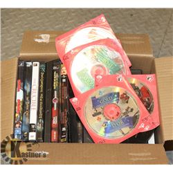 BOX OF ASSORTED DVDS.