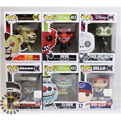 LOT OF 6 ASSORTED FUNKO POP VINYL FIGURES.