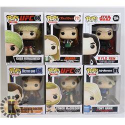 LOT OF 6 ASSORTED FUNKO POP VINYL FIGURES.