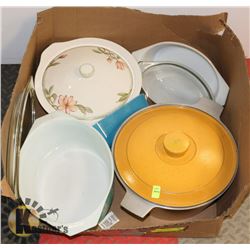 LARGE BOX OF PYREX, CAST ALUMINUM AND PORCELAIN