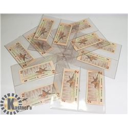 LOT OF 12 CANADIAN 1986 TWO DOLLAR BILLS.