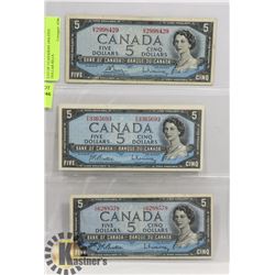 LOT OF 3 CANADIAN 1954 FIVE DOLLAR BILLS.