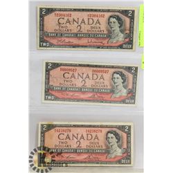 LOT OF 3 CANADIAN 1954 TWO DOLLAR BILLS.