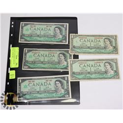 LOT OF 5 CANADIAN 1 DOLLAR BILLS - 1954 & 1967.