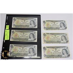 LOT OF 6 CANADIAN 1973 ONE DOLLAR BILLS.
