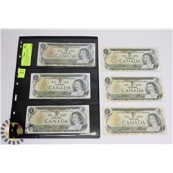 LOT OF 6 CANADIAN 1973 ONE DOLLAR BILLS.
