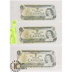 LOT OF 3 CANADIAN 1973 ONE DOLLAR BILLS.