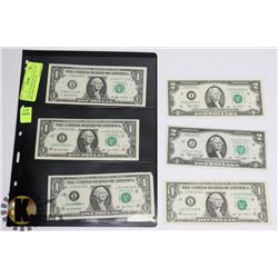 LOT OF 6 US BANKNOTES INCL ONE DOLLAR & TWO DOLLAR