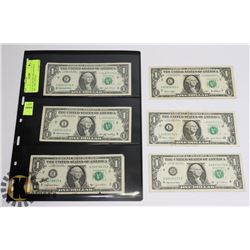 LOT OF 6 US ONE DOLLAR BILLS - 2001, 2003, 2003A &