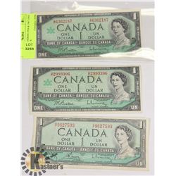 LOT OF 3 CANADIAN 1954 & 1967 ONE DOLLAR BILLS.