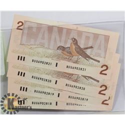 LOT OF 4 CANADIAN 1986 SEQUENTIAL 2 DOLLAR BILLS.