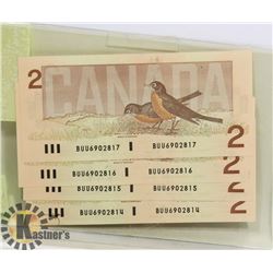 LOT OF 4 CANADIAN 1986 SEQUENTIAL 2 DOLLAR BILLS.