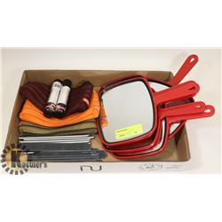 LOT OF NEW MIRRORS, LIGHTED TWEEZERS, ETC.
